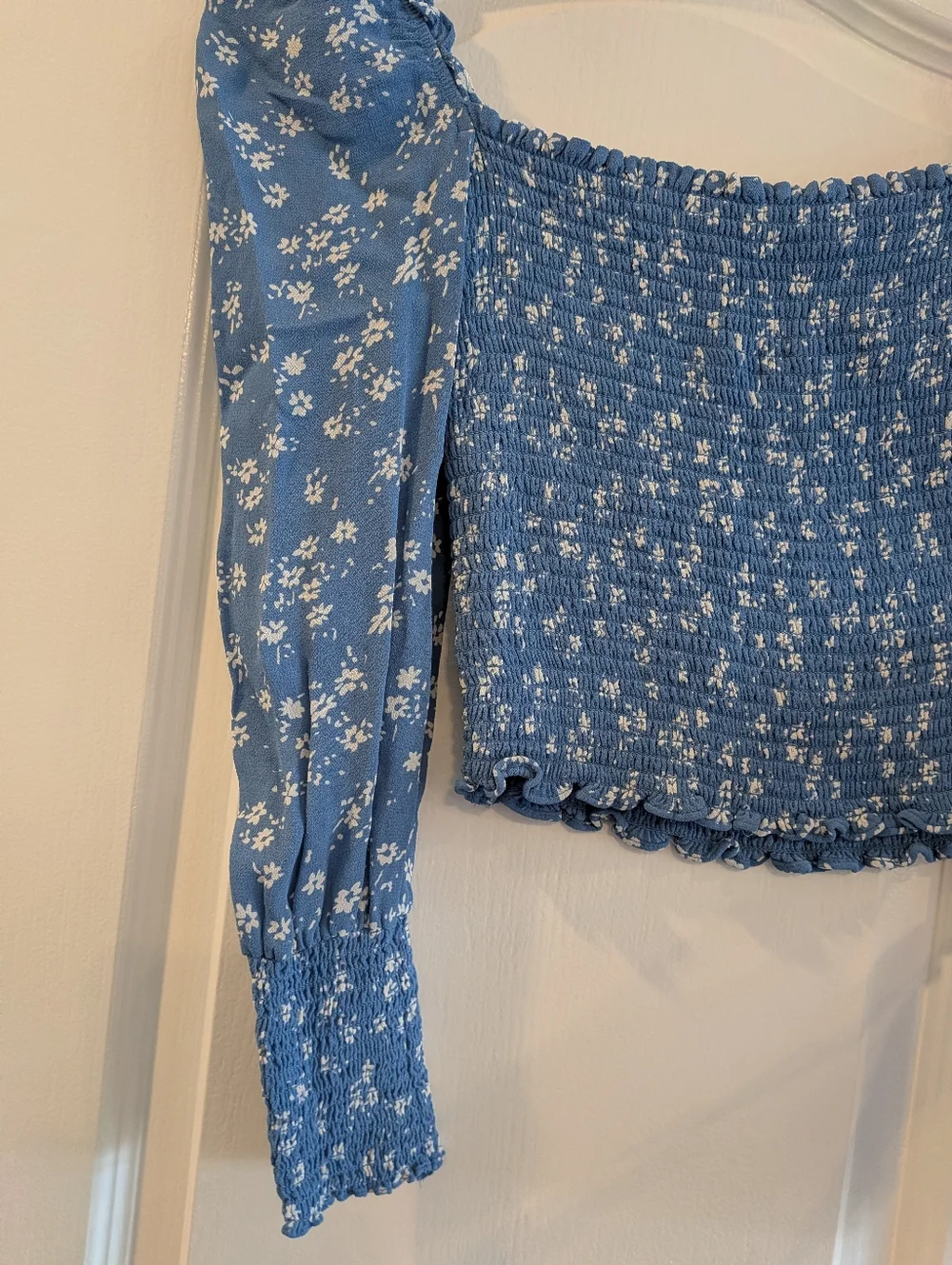 Reformation Pinto Floral Smocked Crepe Top Lassen Blue Shirt Size S Cottagecore